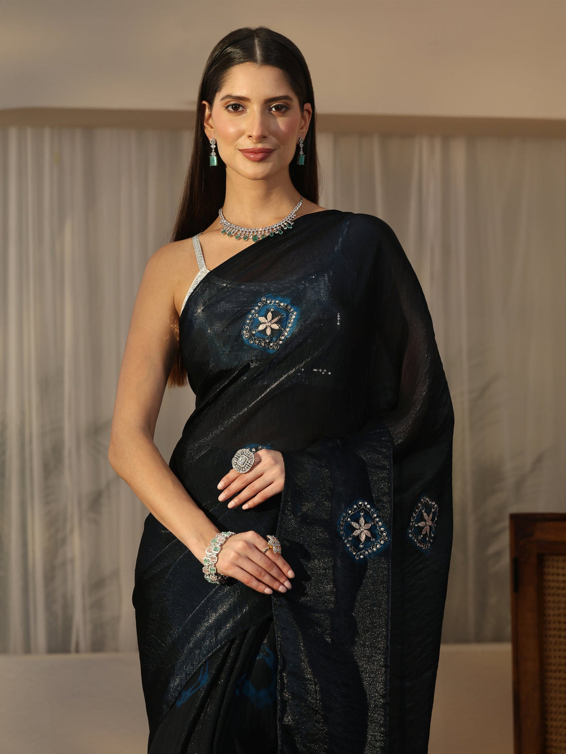 Mameraa Navy Blue Tissue Saree with Applique Design