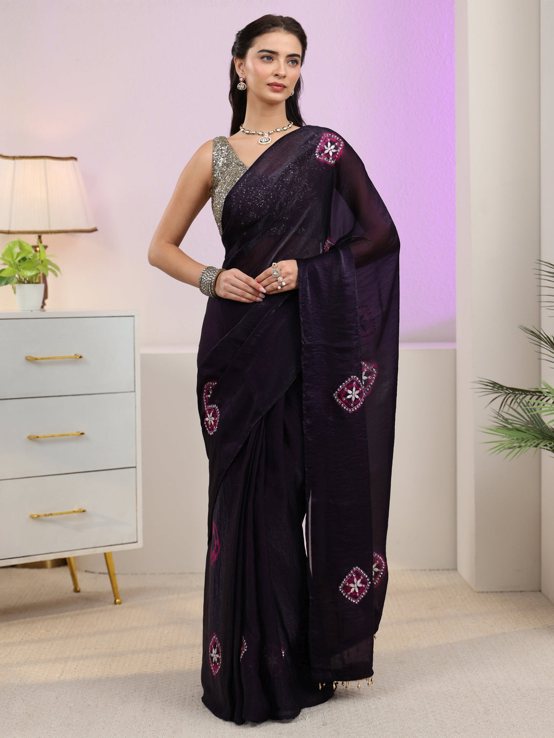 Mameraa Aubergiene Purple Floral Embroidered Tissue Saree