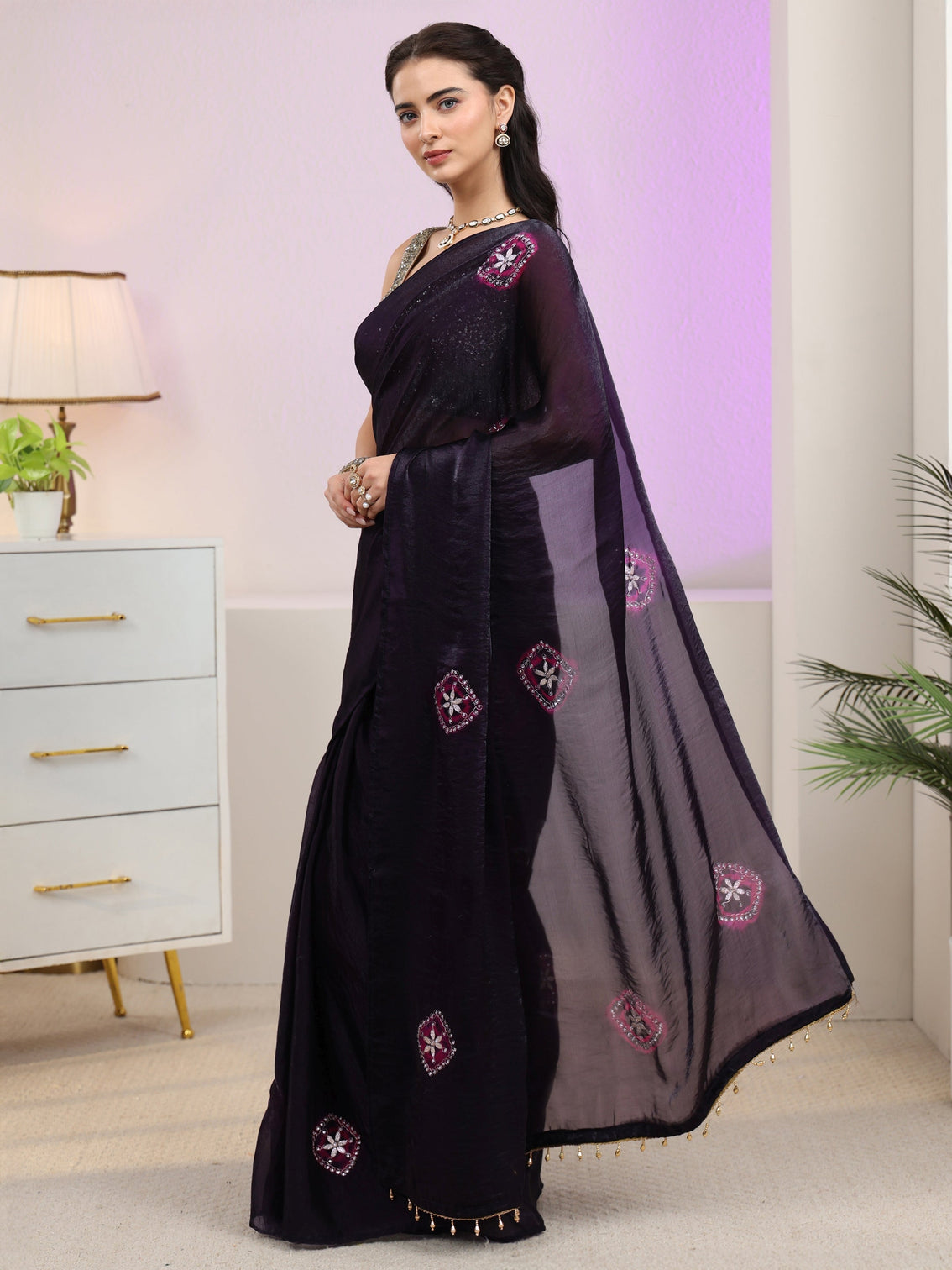 Mameraa Aubergiene Purple Floral Embroidered Tissue Saree