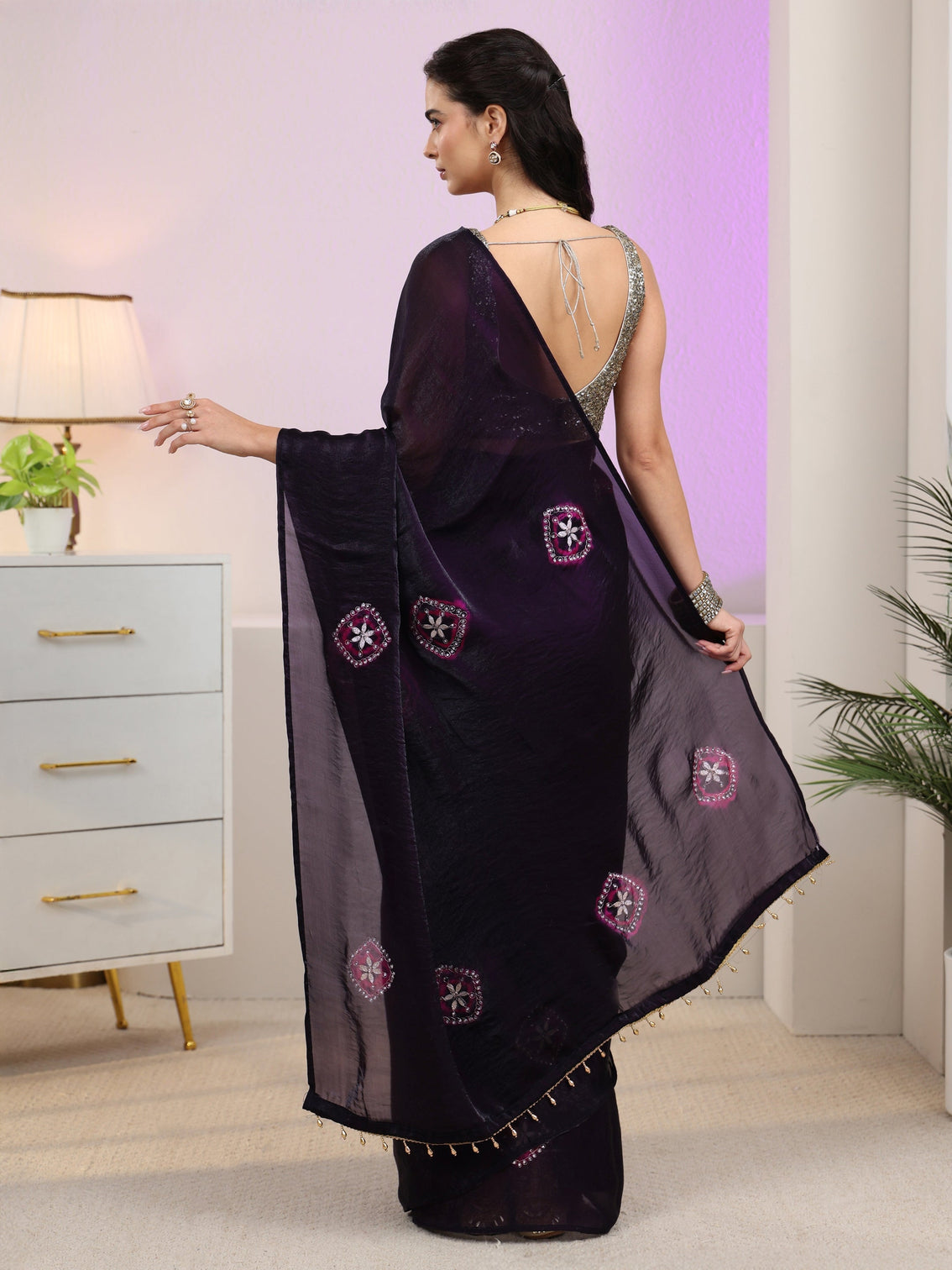 Mameraa Aubergiene Purple Floral Embroidered Tissue Saree