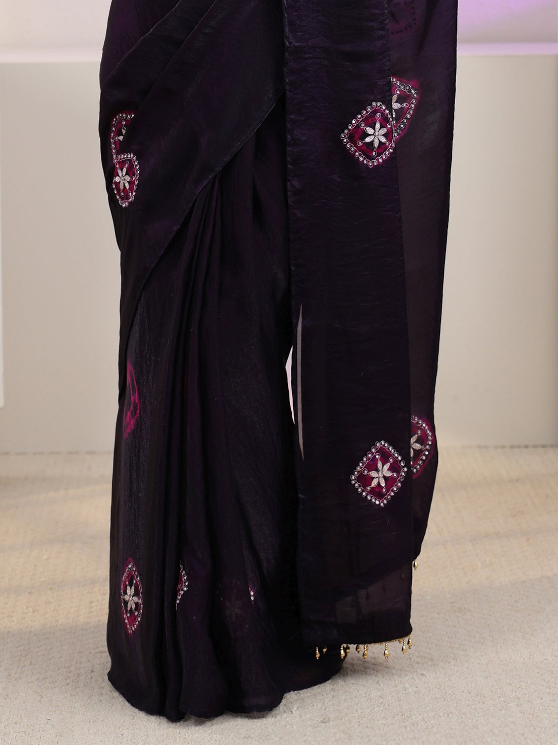 Mameraa Aubergiene Purple Floral Embroidered Tissue Saree