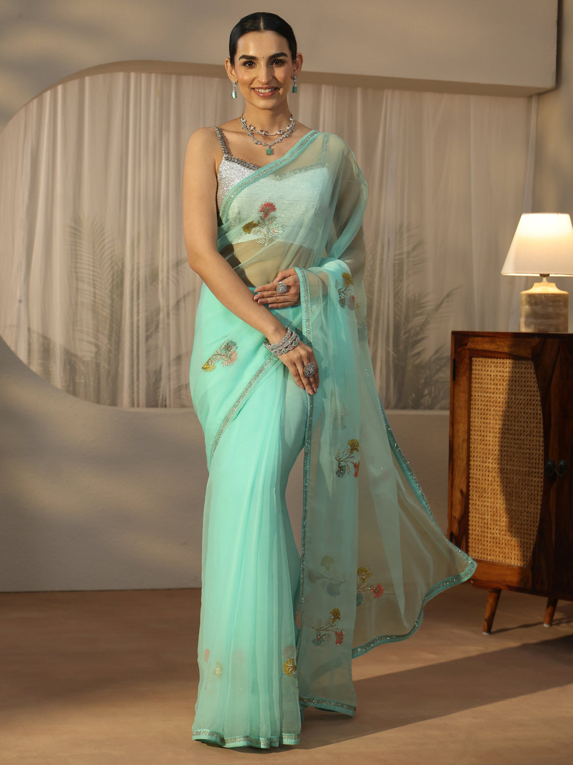 Mameraa Aqua Blue Floral Embroidered Organza Saree
