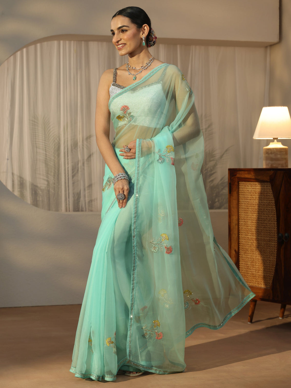 Mameraa Aqua Blue Floral Embroidered Organza Saree