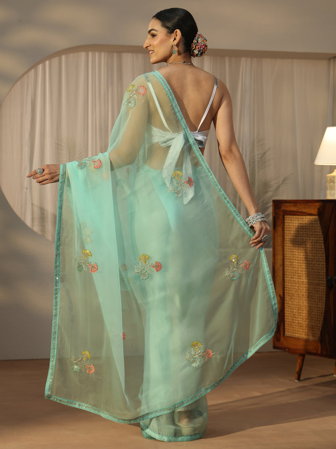 Mameraa Aqua Blue Floral Embroidered Organza Saree