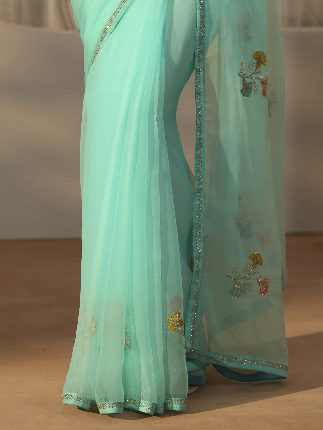 Mameraa Aqua Blue Floral Embroidered Organza Saree