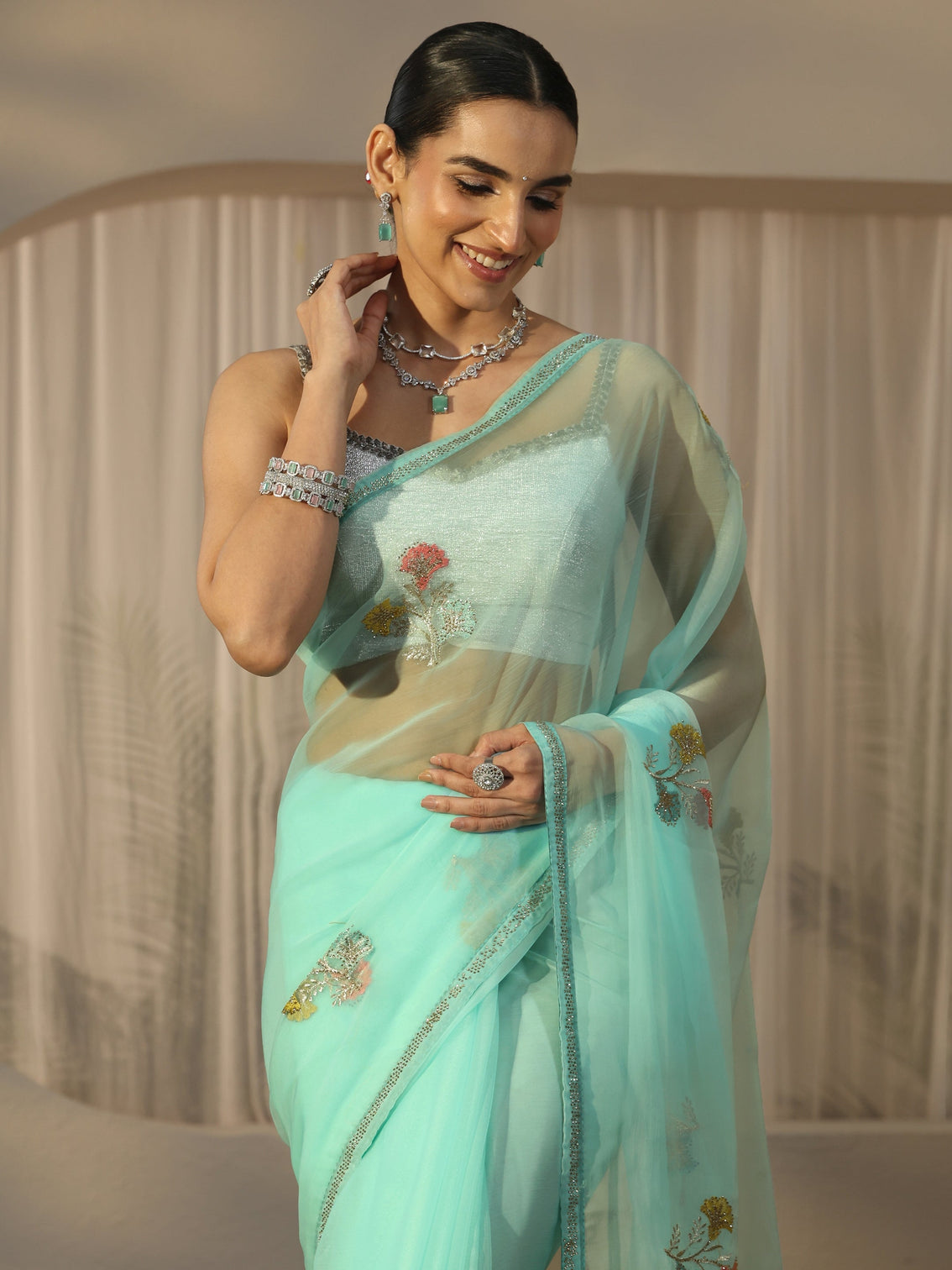Mameraa Aqua Blue Floral Embroidered Organza Saree