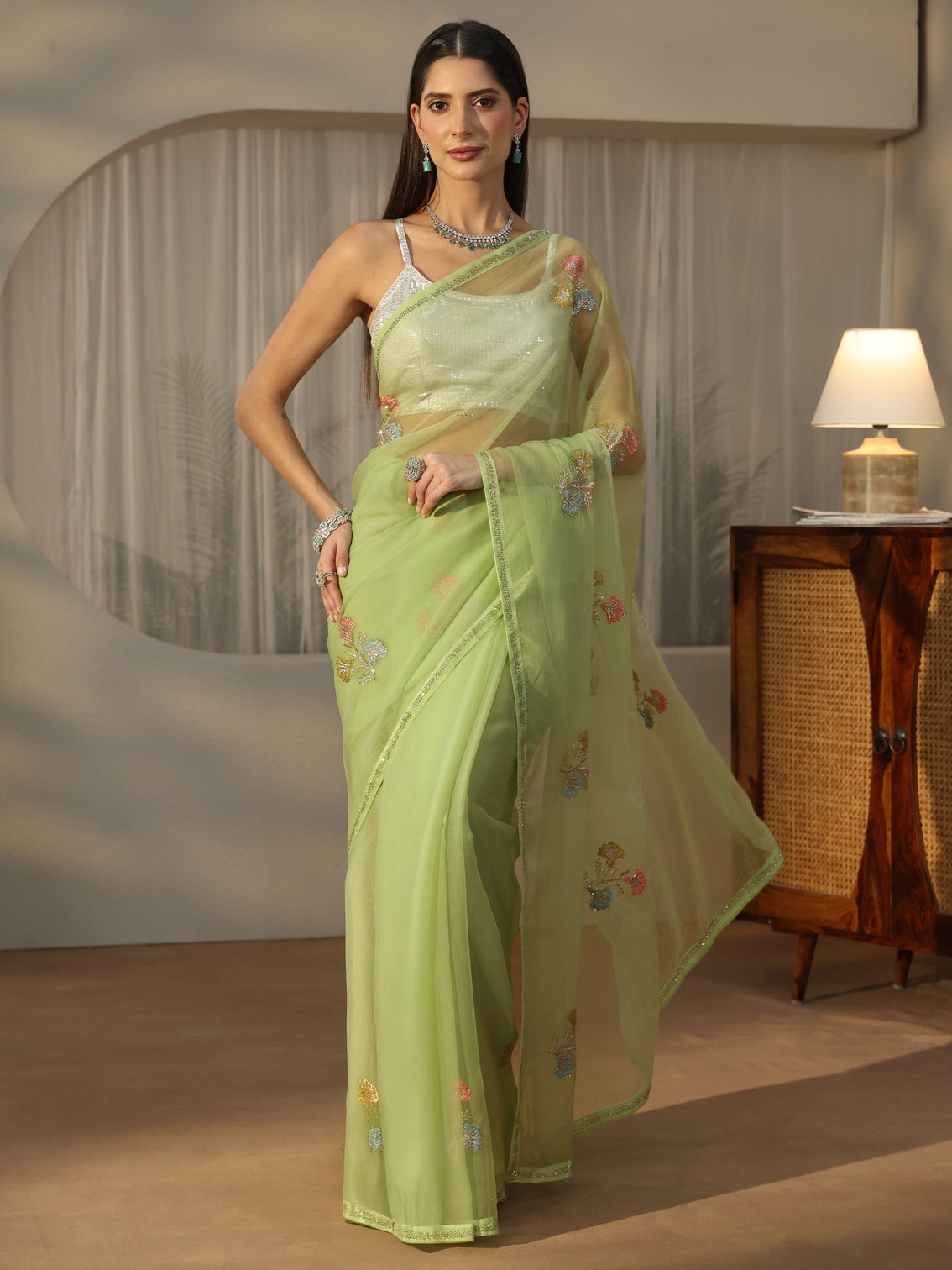 Mameraa Green Floral Embroidered Organza Saree