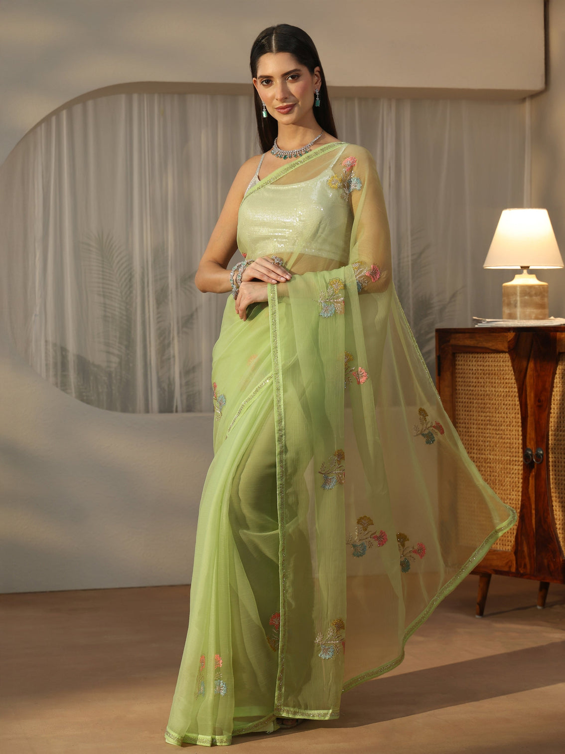 Mameraa Green Floral Embroidered Organza Saree