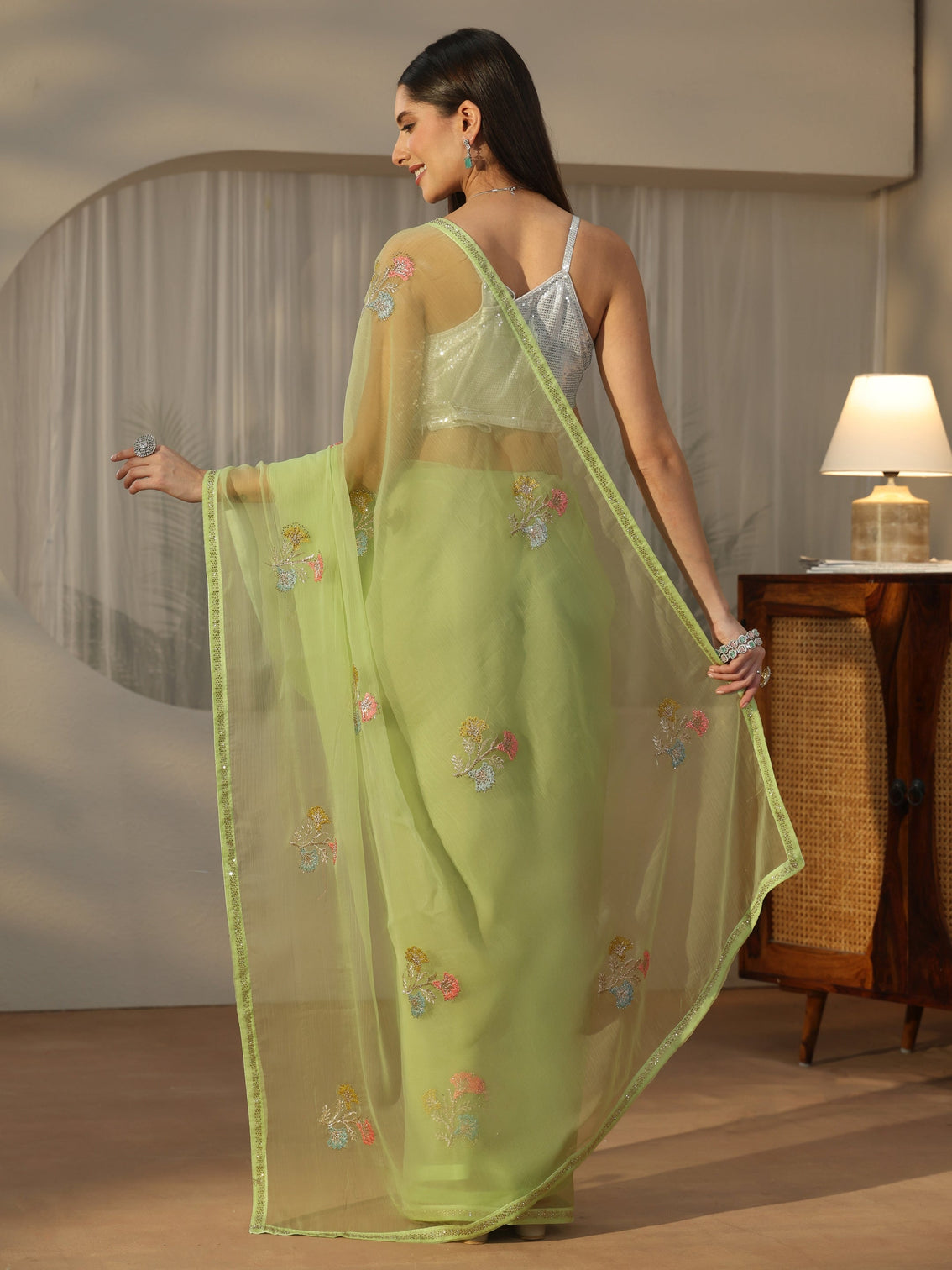 Mameraa Green Floral Embroidered Organza Saree
