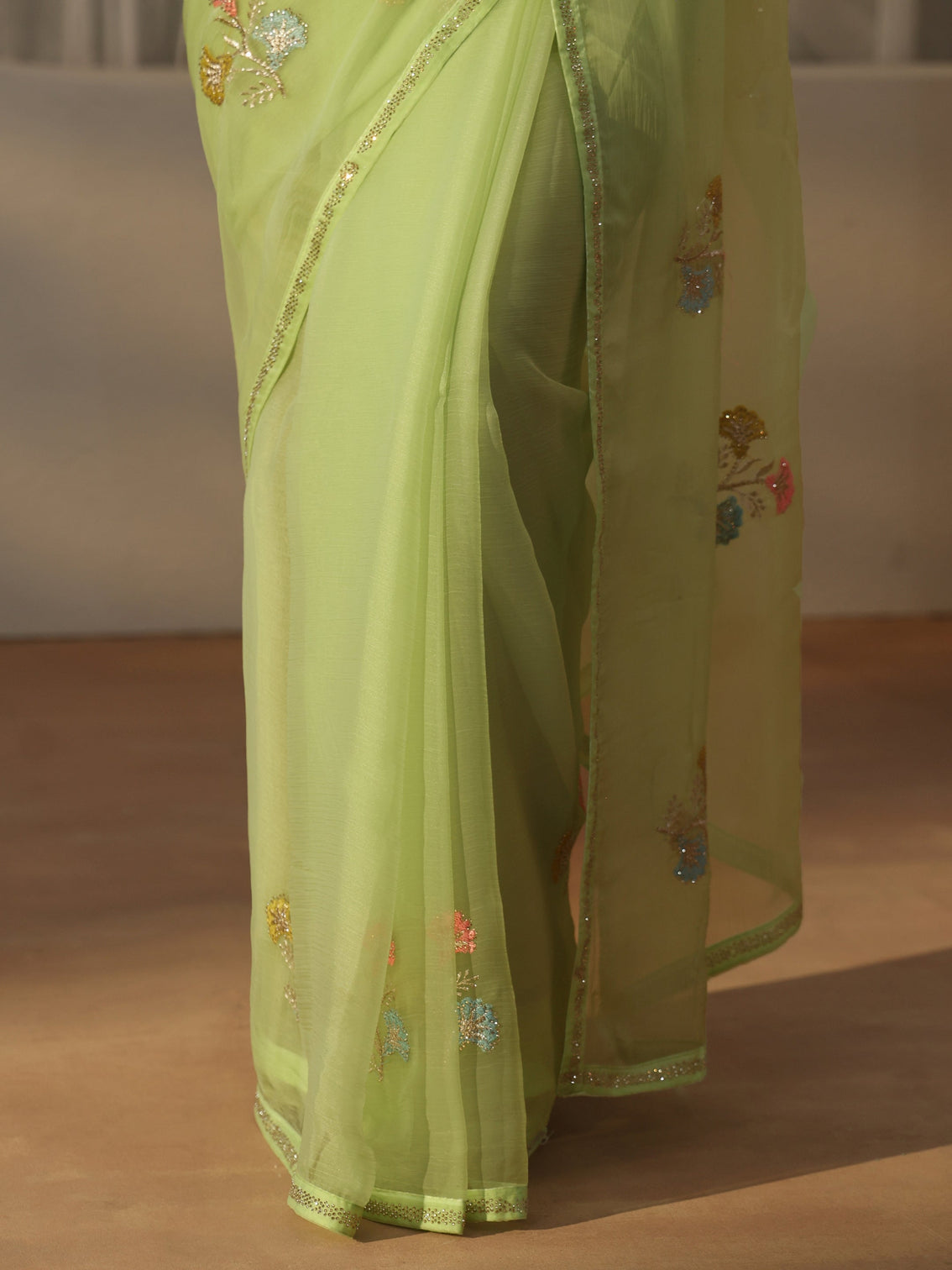 Mameraa Green Floral Embroidered Organza Saree