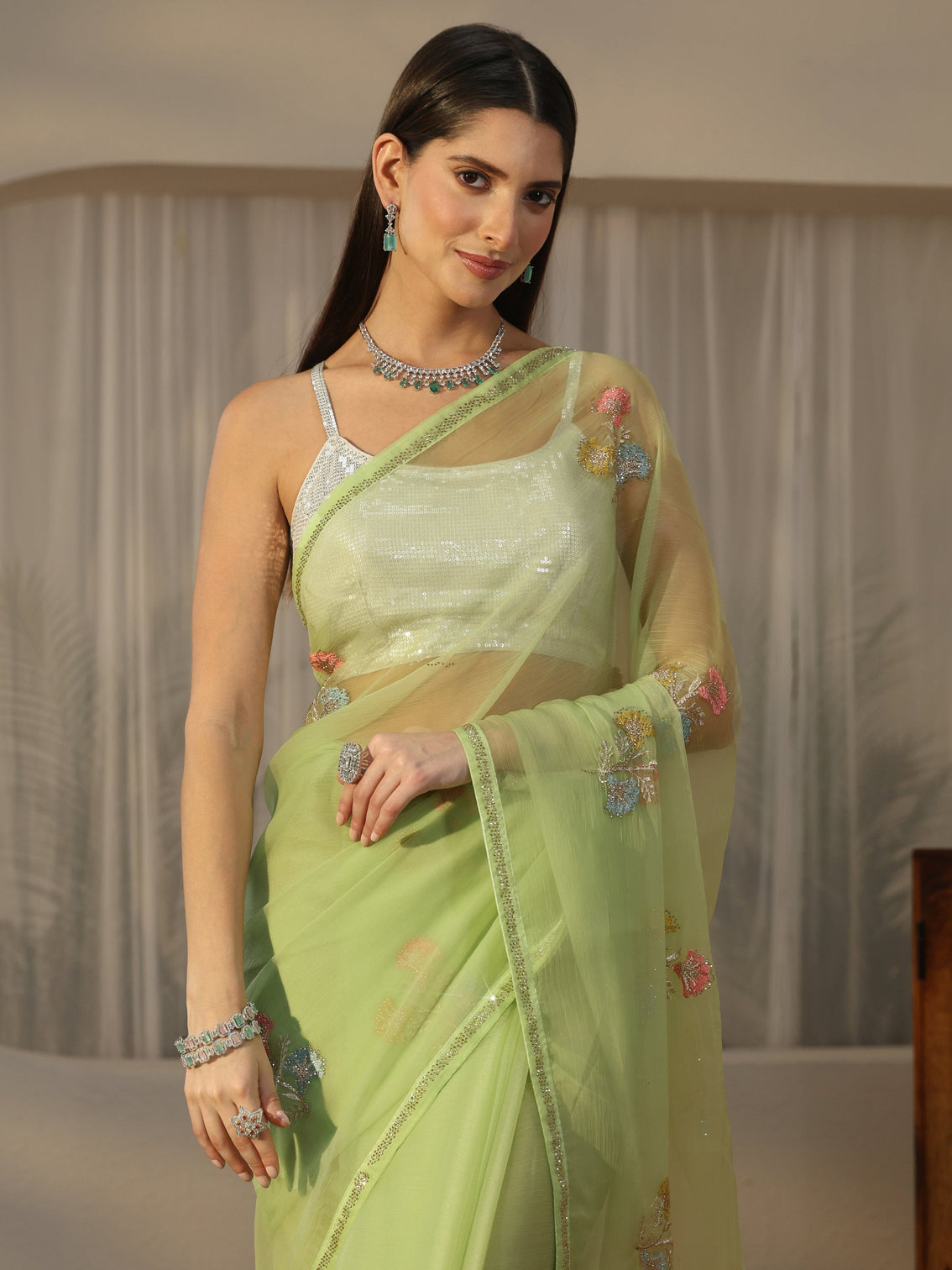 Mameraa Green Floral Embroidered Organza Saree