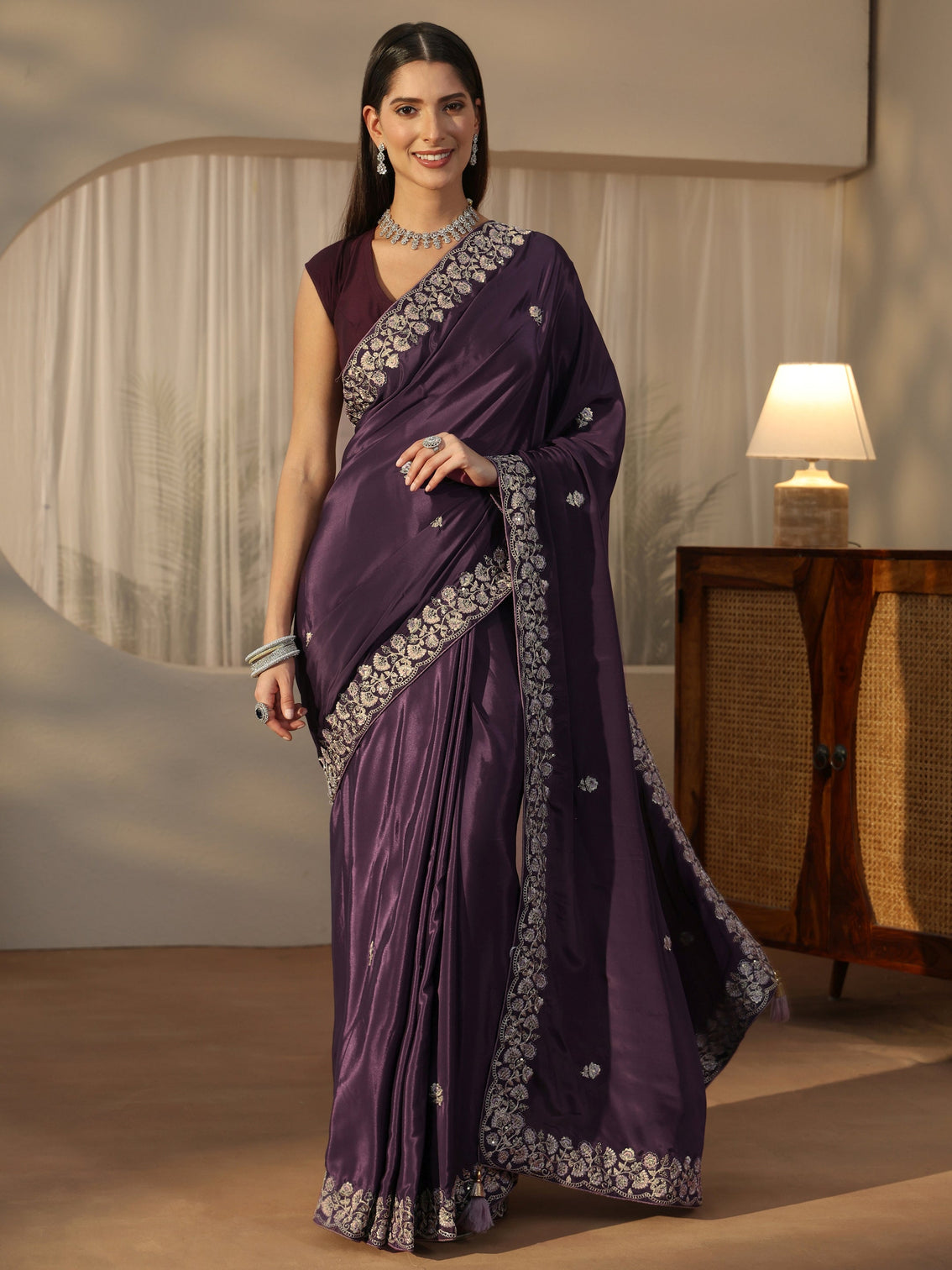 Mameraa Aubergine Purple Foral Embroidered Satin Saree