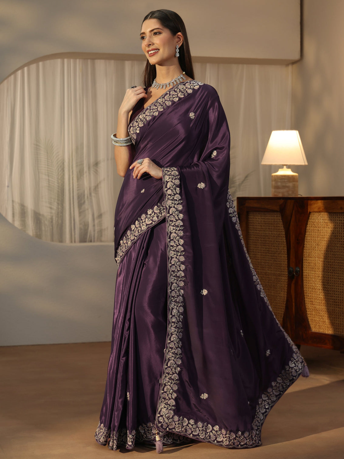 Mameraa Aubergine Purple Foral Embroidered Satin Saree