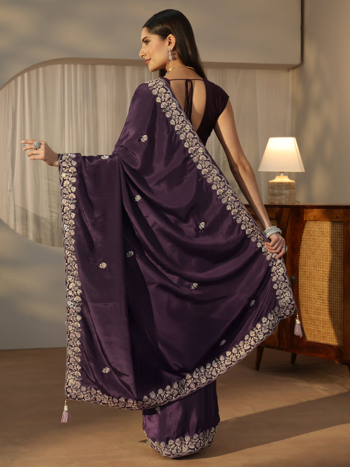Mameraa Aubergine Purple Foral Embroidered Satin Saree