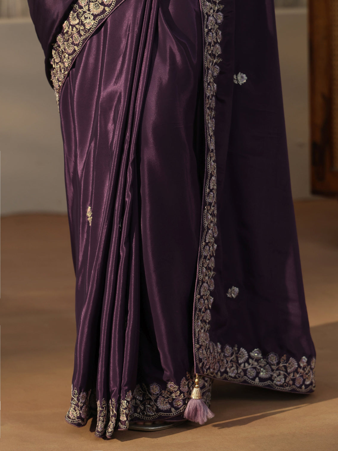 Mameraa Aubergine Purple Foral Embroidered Satin Saree