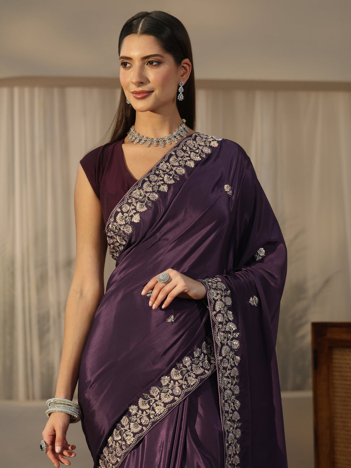 Mameraa Aubergine Purple Foral Embroidered Satin Saree