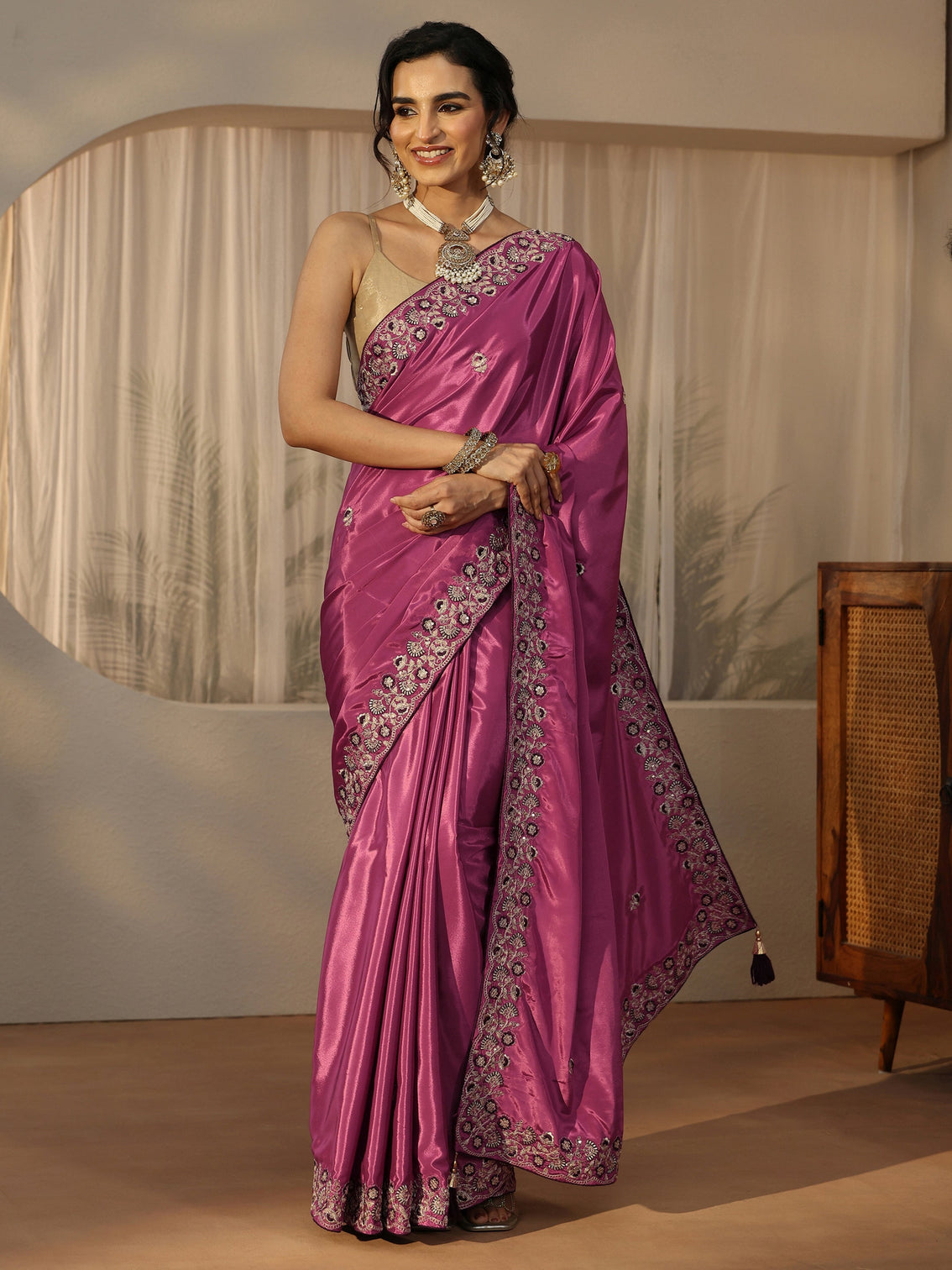Mameraa Mauve Floral Embroidered Satin Saree