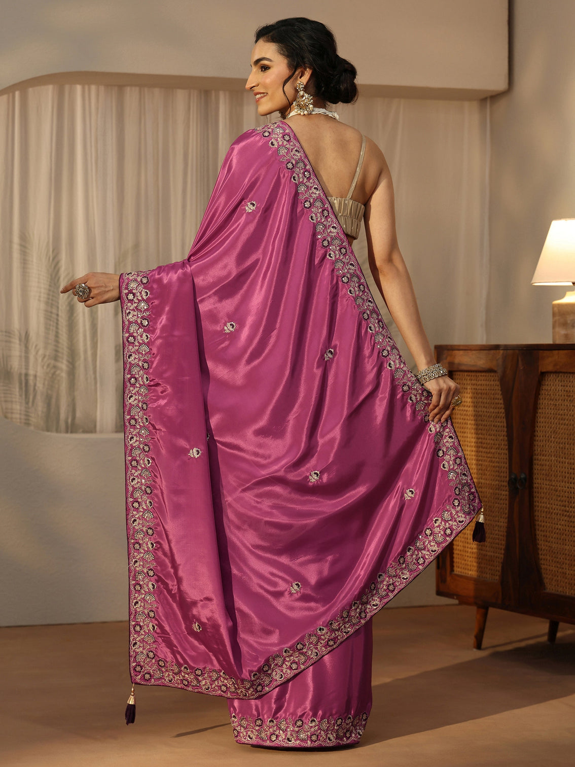 Mameraa Mauve Floral Embroidered Satin Saree
