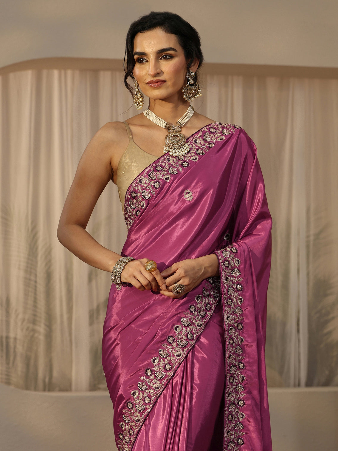 Mameraa Mauve Floral Embroidered Satin Saree