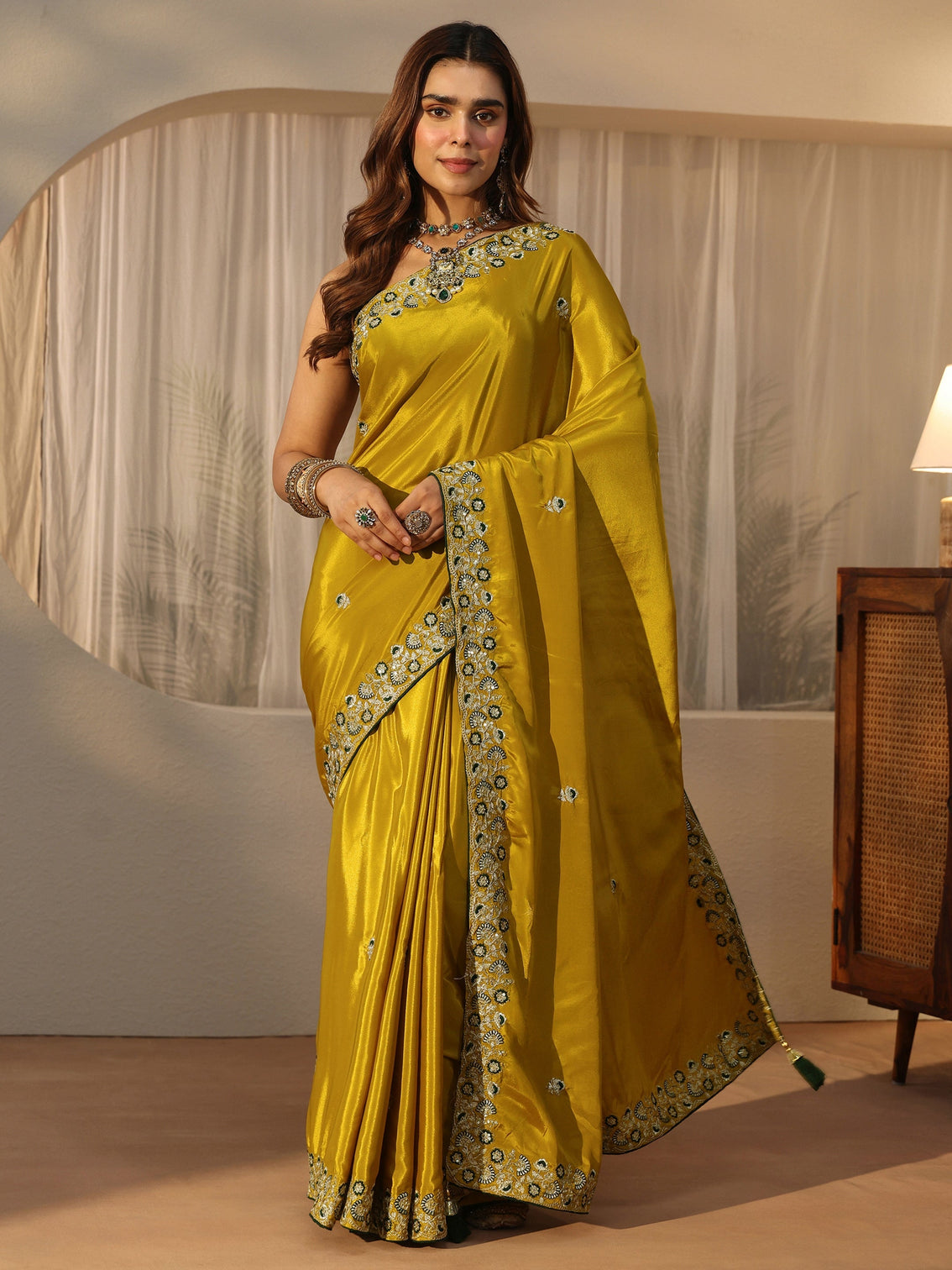 Mameraa Green Floral Embroidered Satin Saree