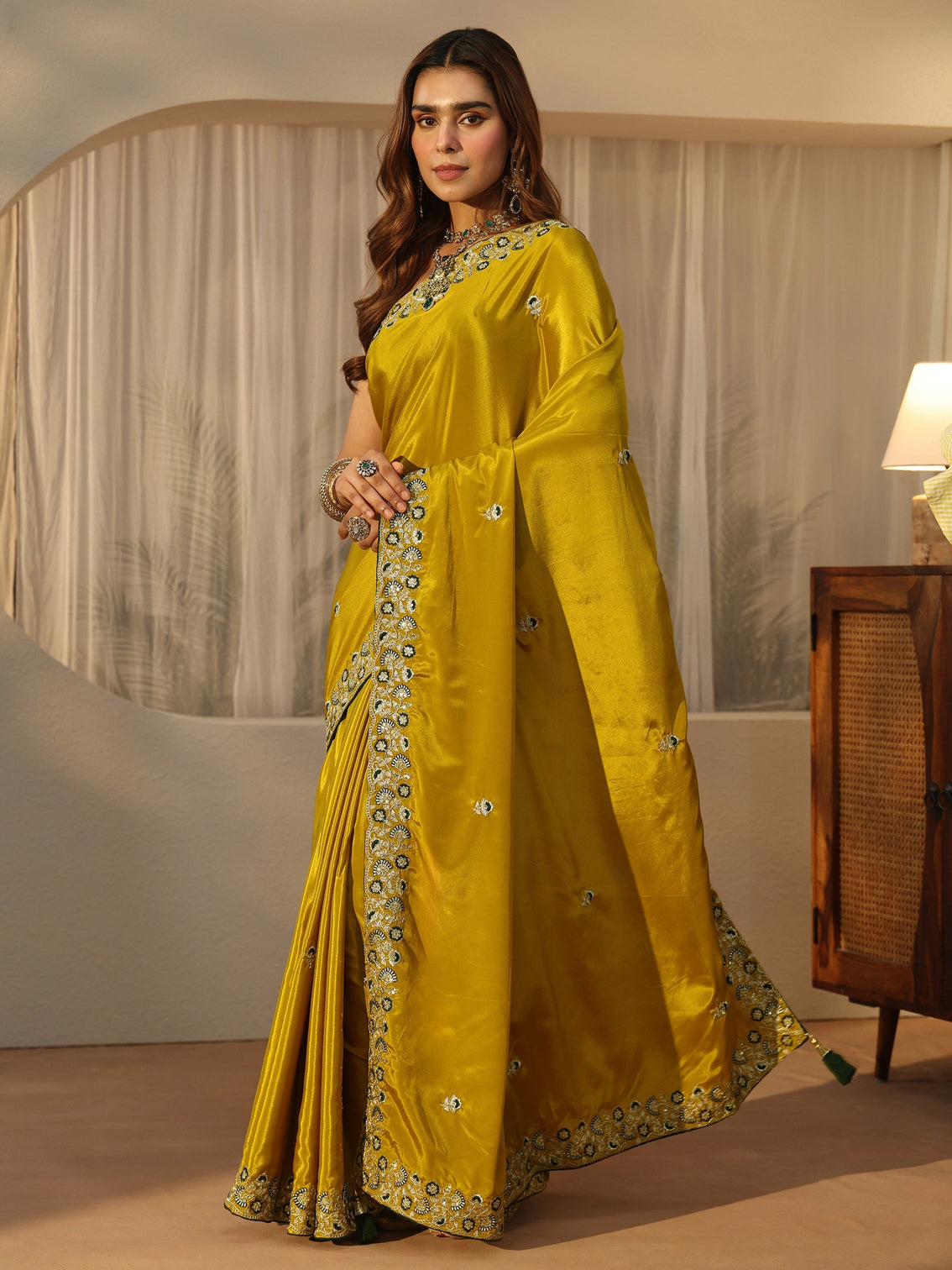 Mameraa Green Floral Embroidered Satin Saree