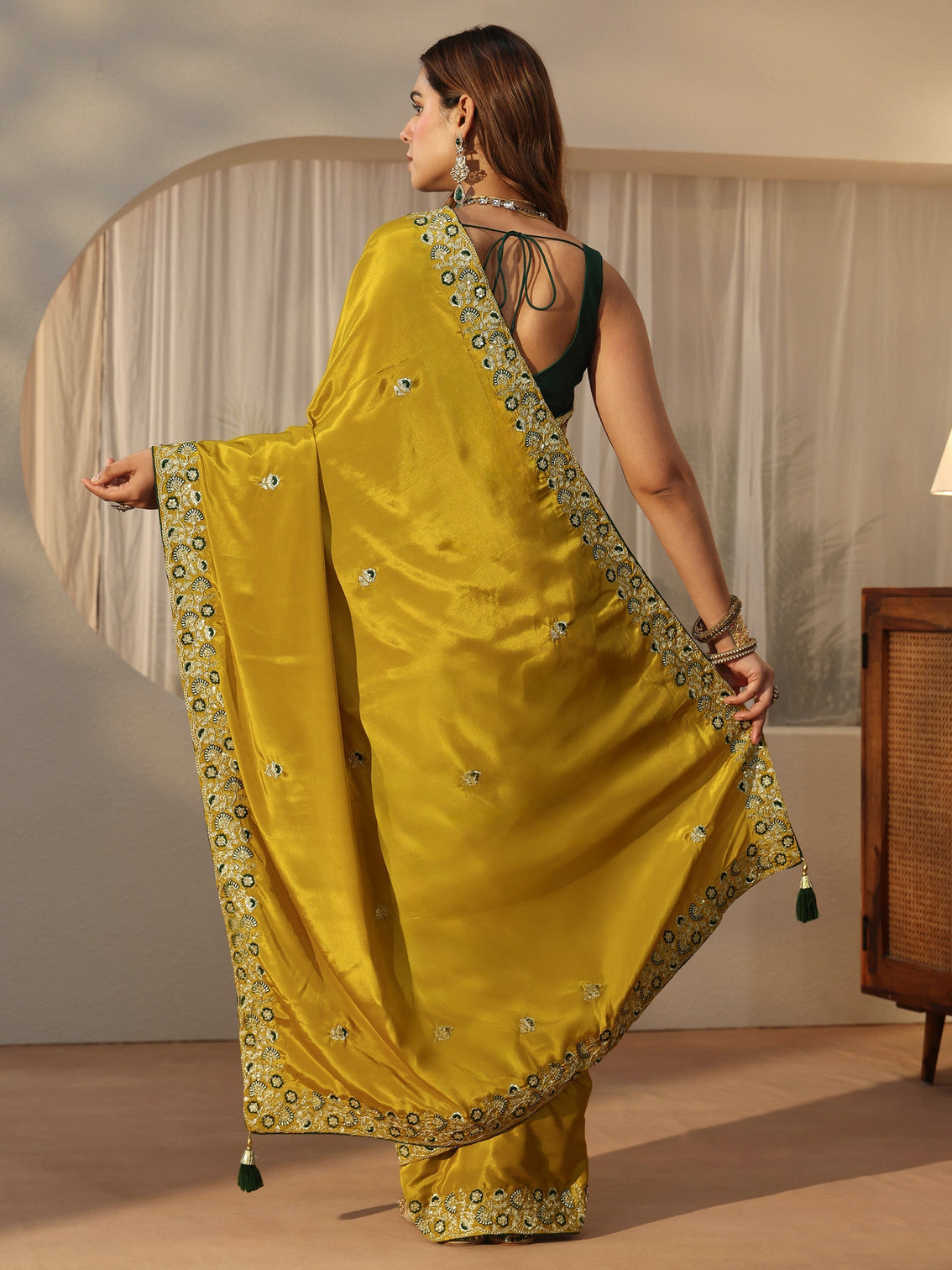 Mameraa Green Floral Embroidered Satin Saree