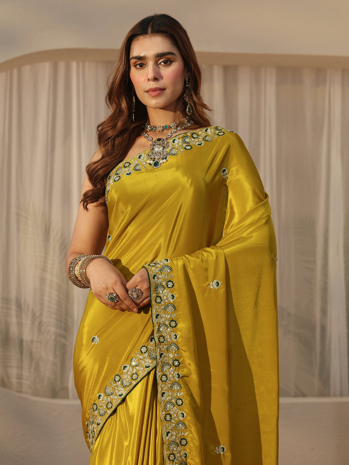 Mameraa Green Floral Embroidered Satin Saree