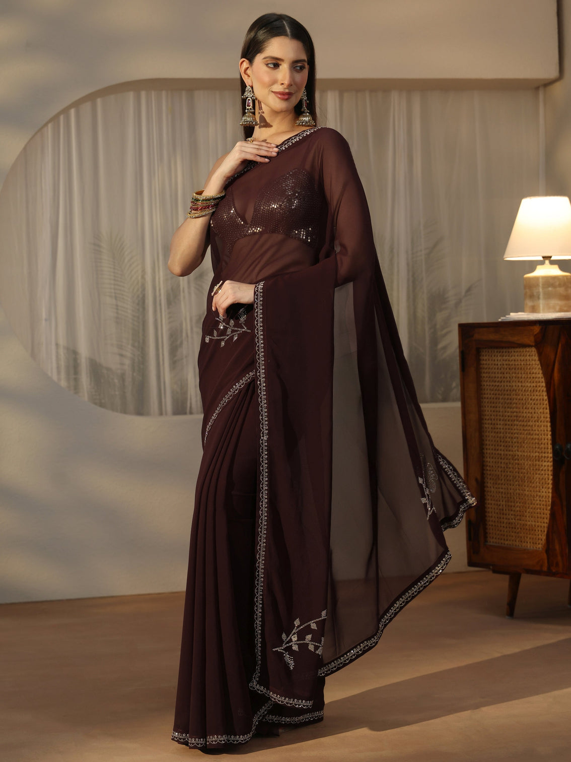 Mameraa Dark Brown Floral Embellished Georgette Saree