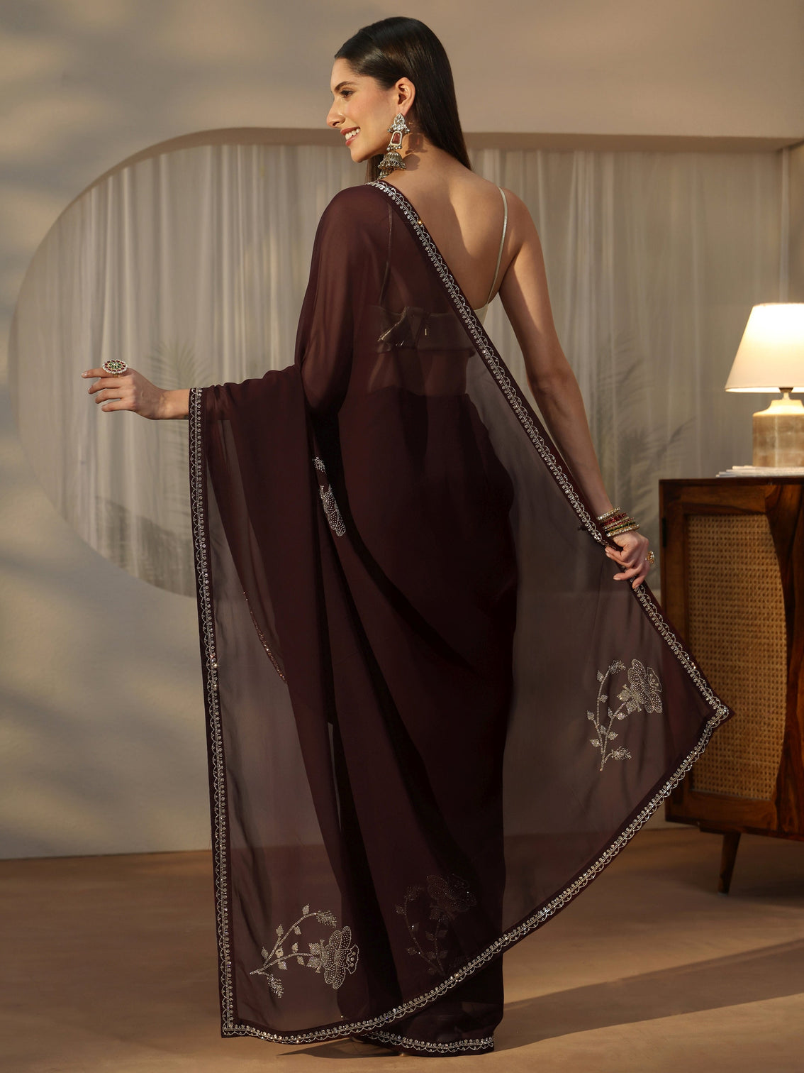Mameraa Dark Brown Floral Embellished Georgette Saree