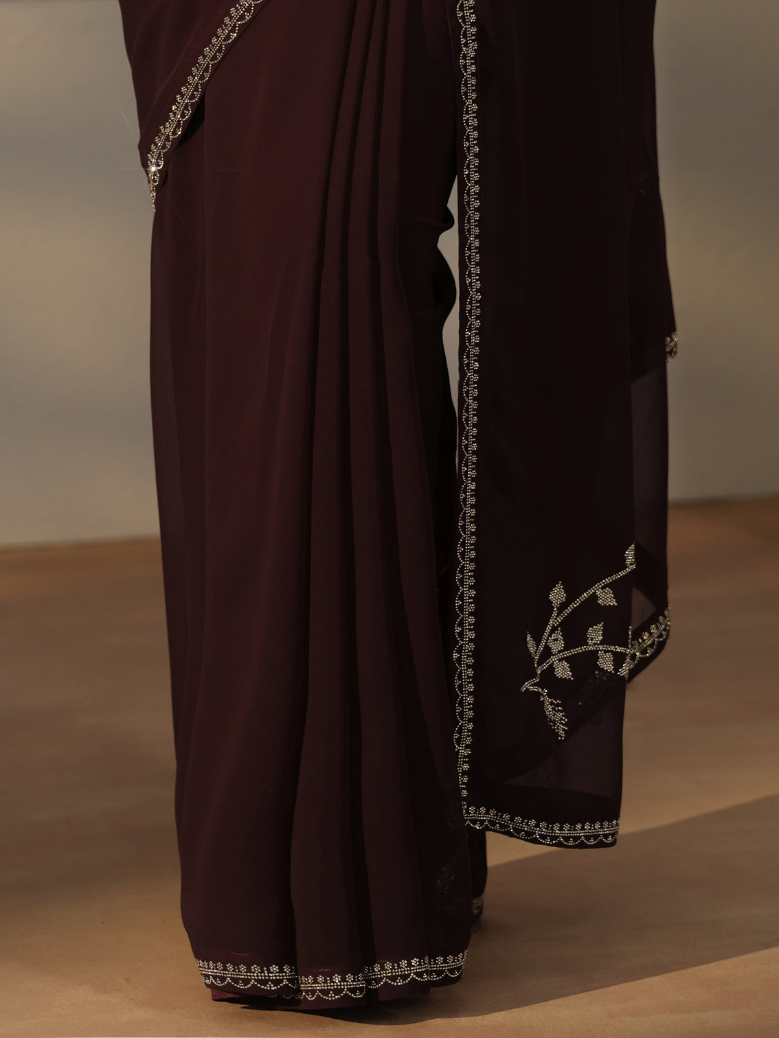 Mameraa Dark Brown Floral Embellished Georgette Saree
