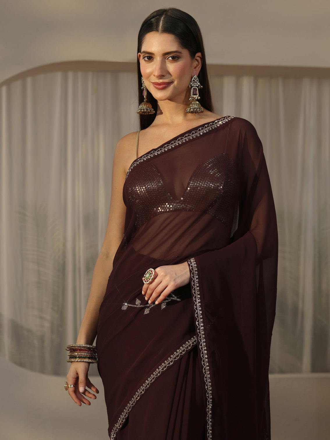 Mameraa Dark Brown Floral Embellished Georgette Saree