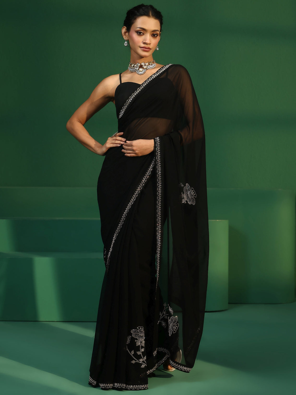 Mameraa Midnight Black Embellished Georgette Saree