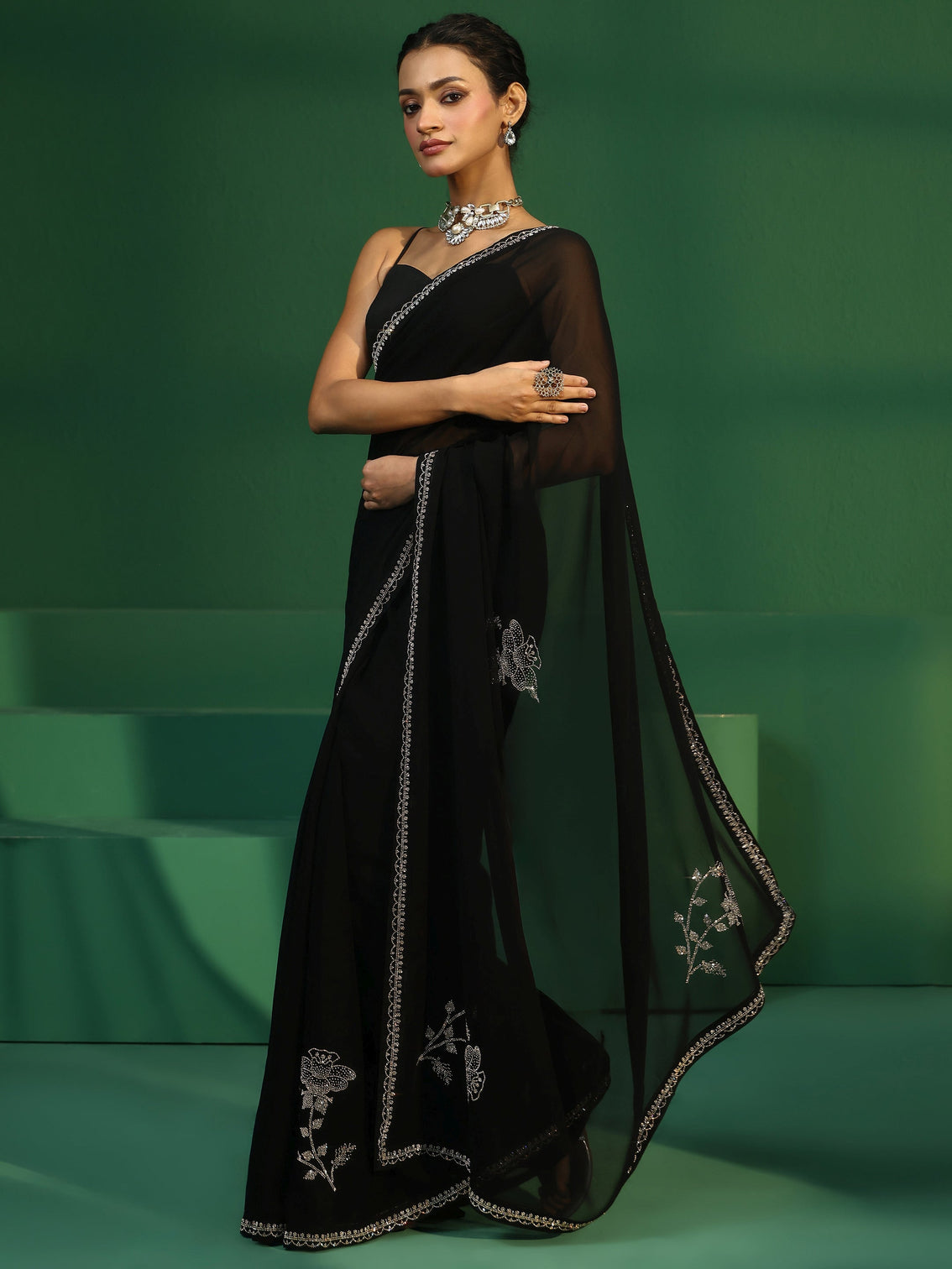 Mameraa Midnight Black Embellished Georgette Saree