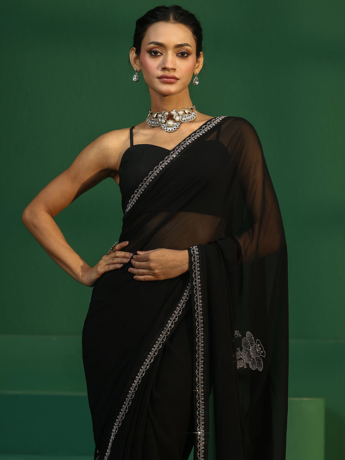 Mameraa Midnight Black Embellished Georgette Saree