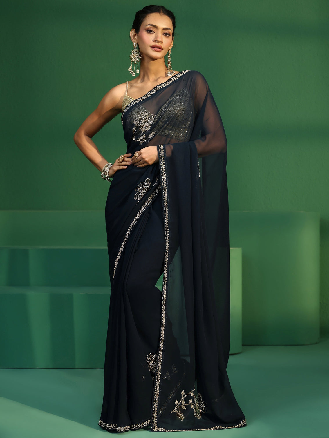 Mameraa Teal Blue Floral Embellished Georgette Saree