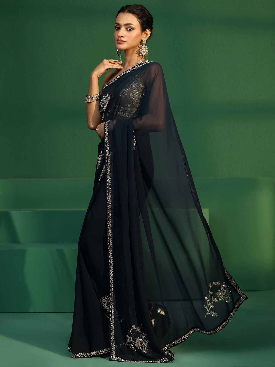 Mameraa Teal Blue Floral Embellished Georgette Saree