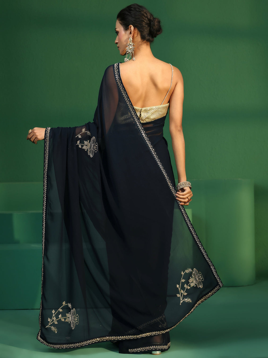Mameraa Teal Blue Floral Embellished Georgette Saree