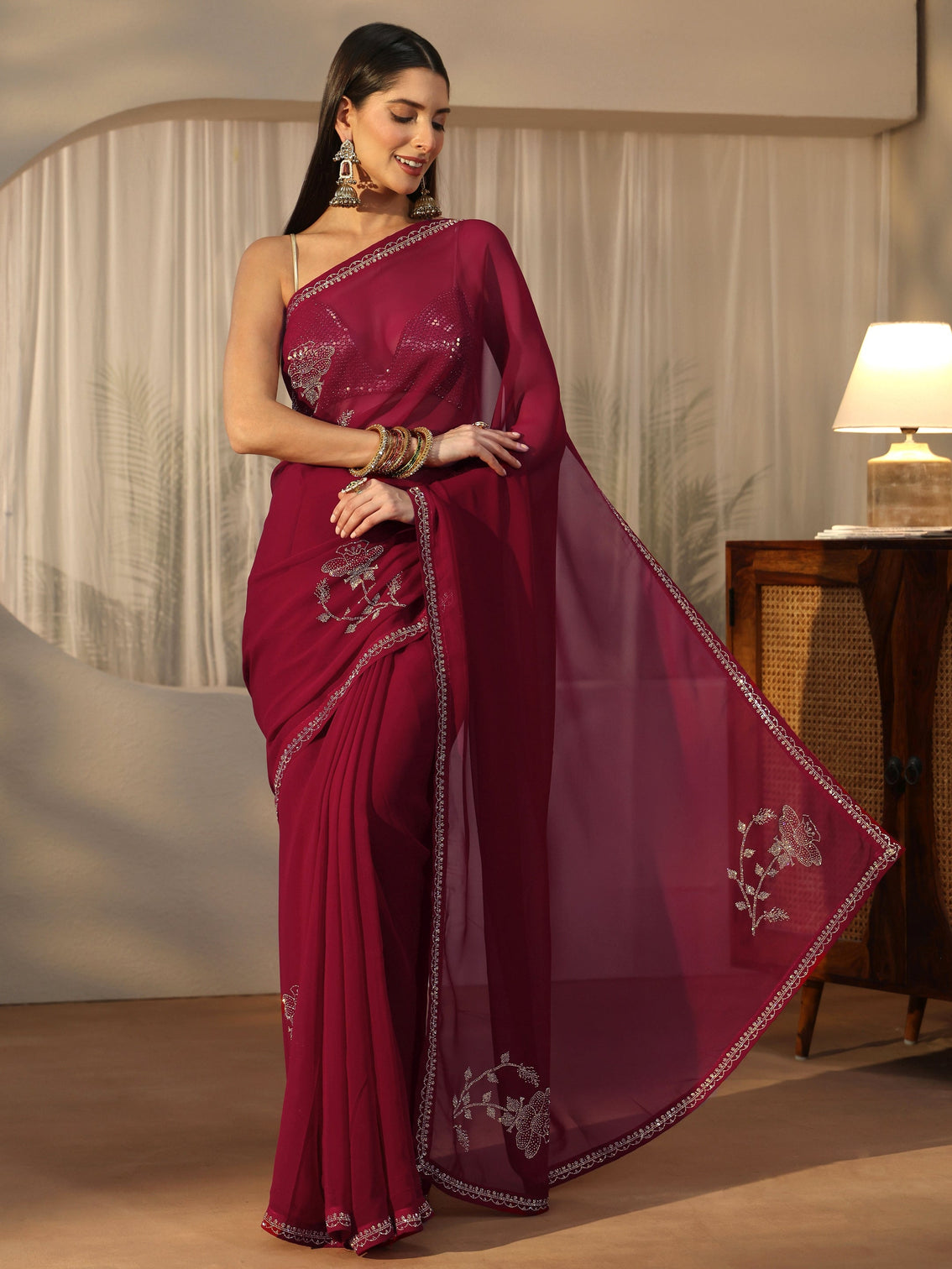 Mameraa Rani Pink Floral Embellished Georgette Saree