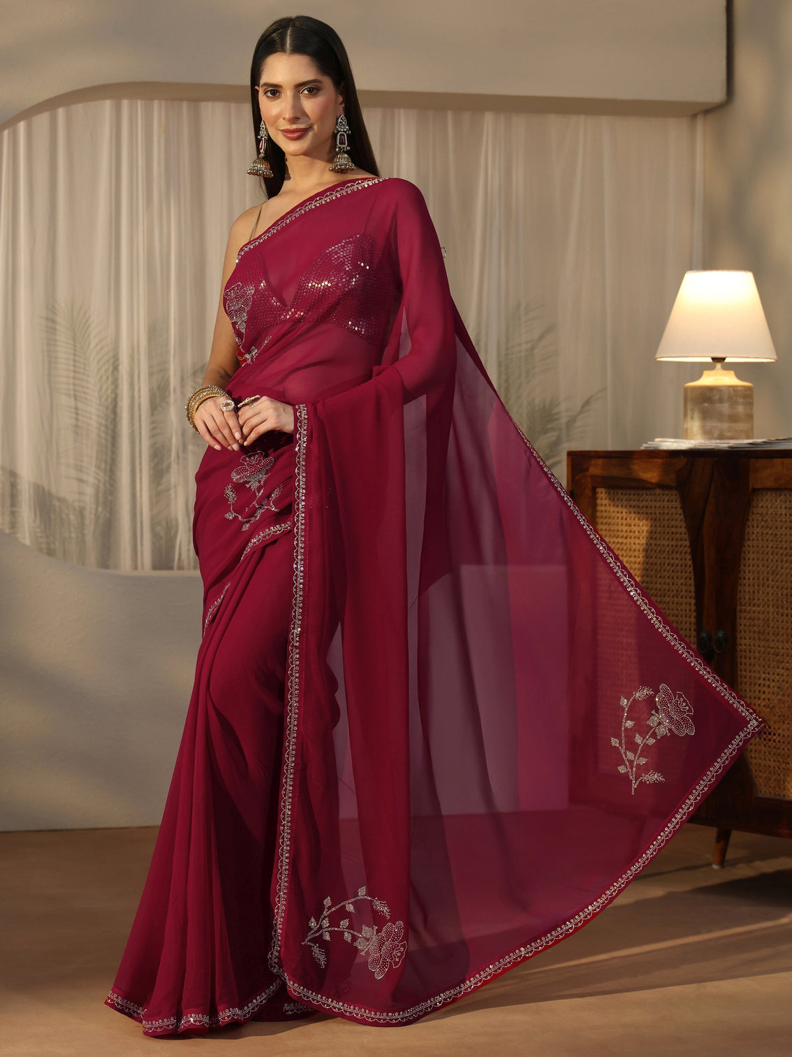 Mameraa Rani Pink Floral Embellished Georgette Saree