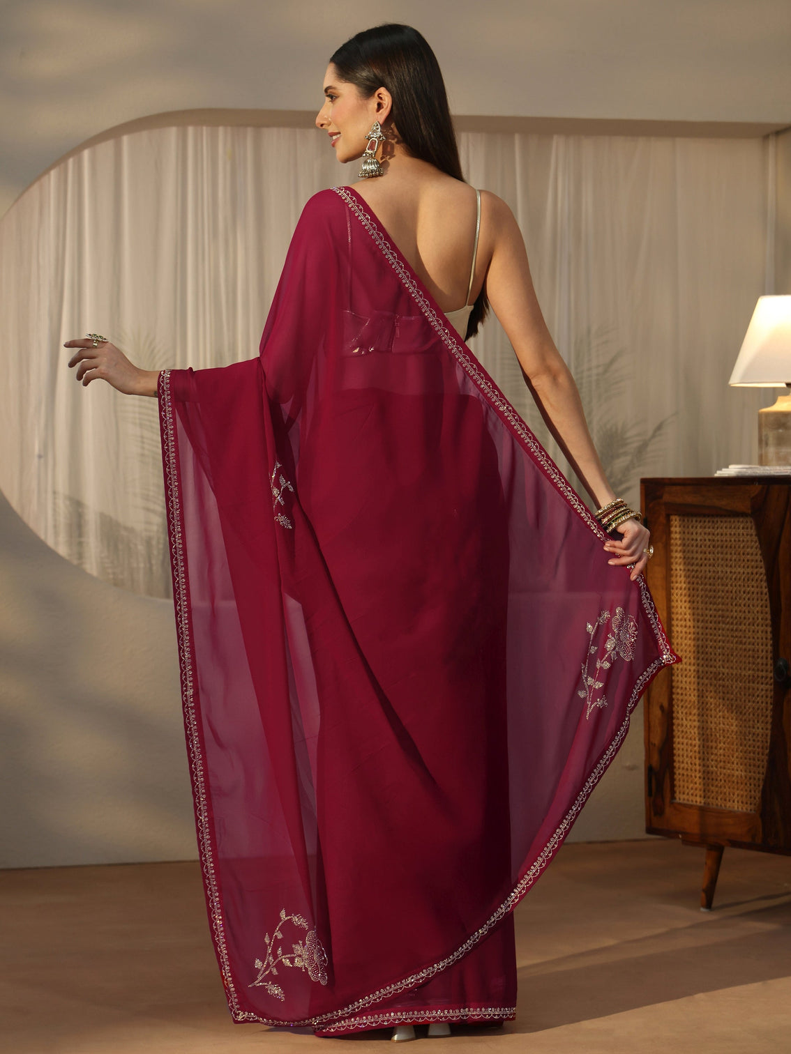 Mameraa Rani Pink Floral Embellished Georgette Saree
