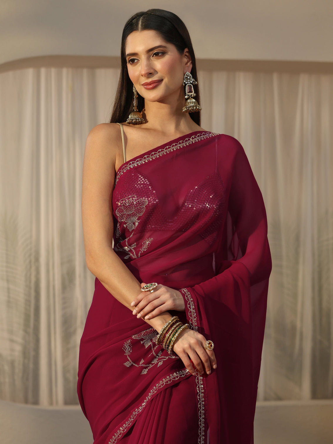 Mameraa Rani Pink Floral Embellished Georgette Saree