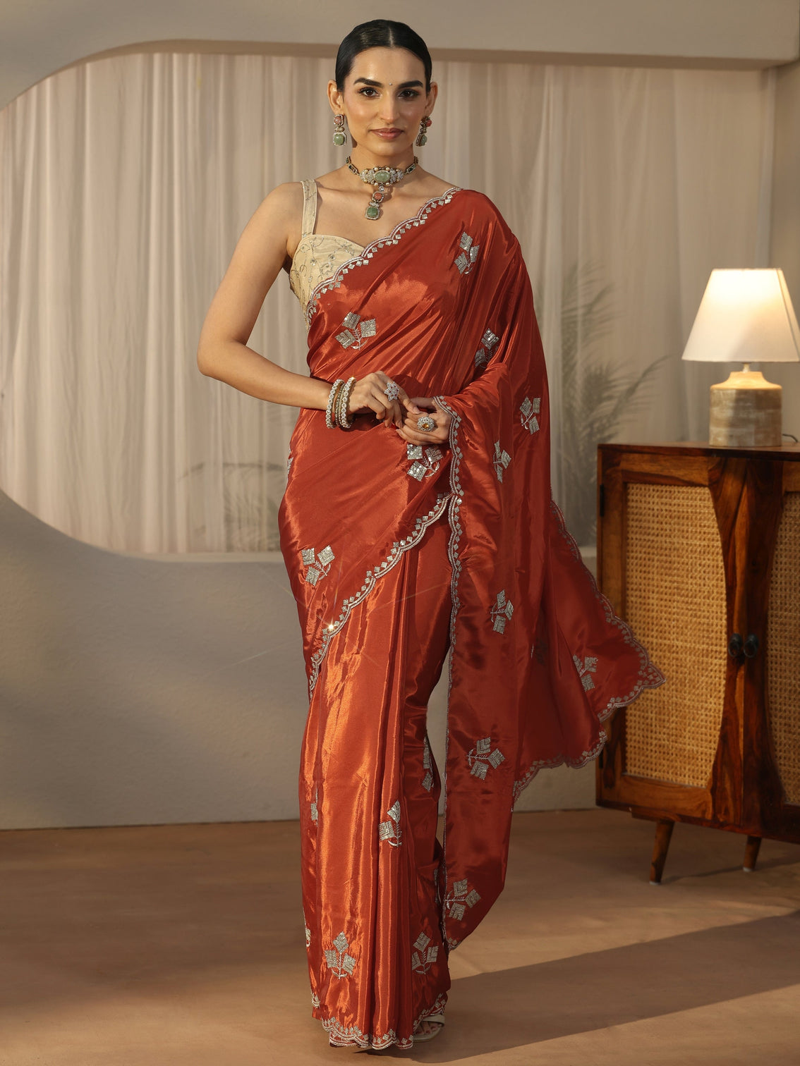 Mameraa Burnt Orange Floral Embellished Satin Saree