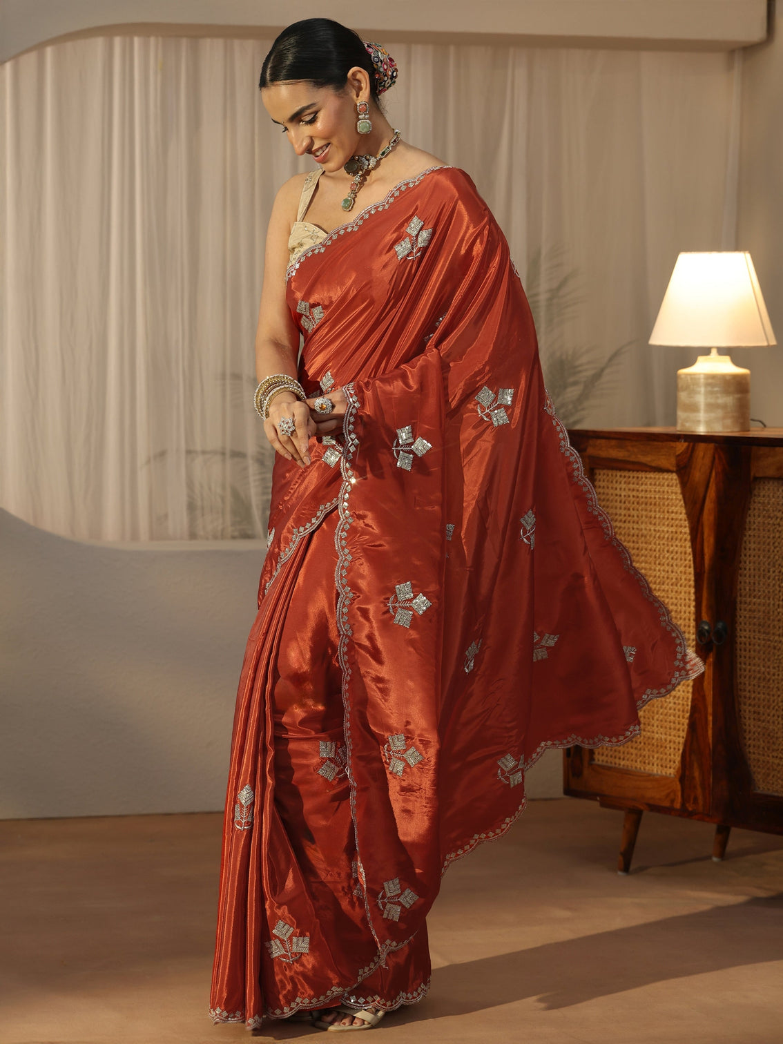 Mameraa Burnt Orange Floral Embellished Satin Saree