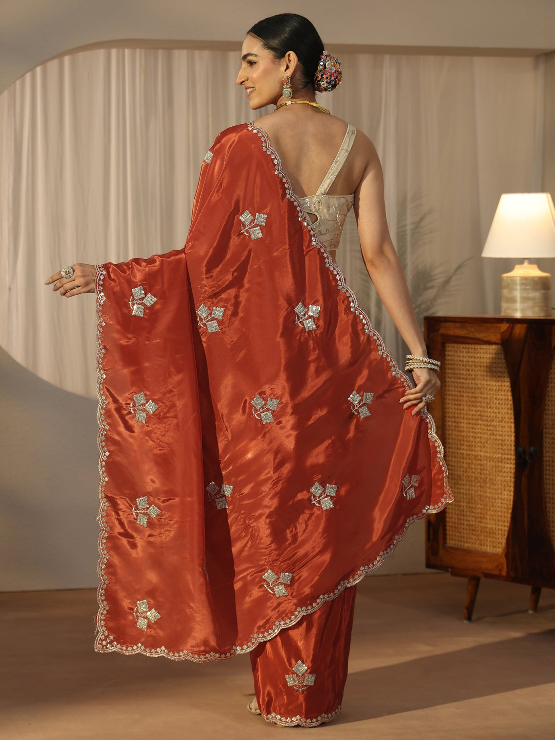 Mameraa Burnt Orange Floral Embellished Satin Saree