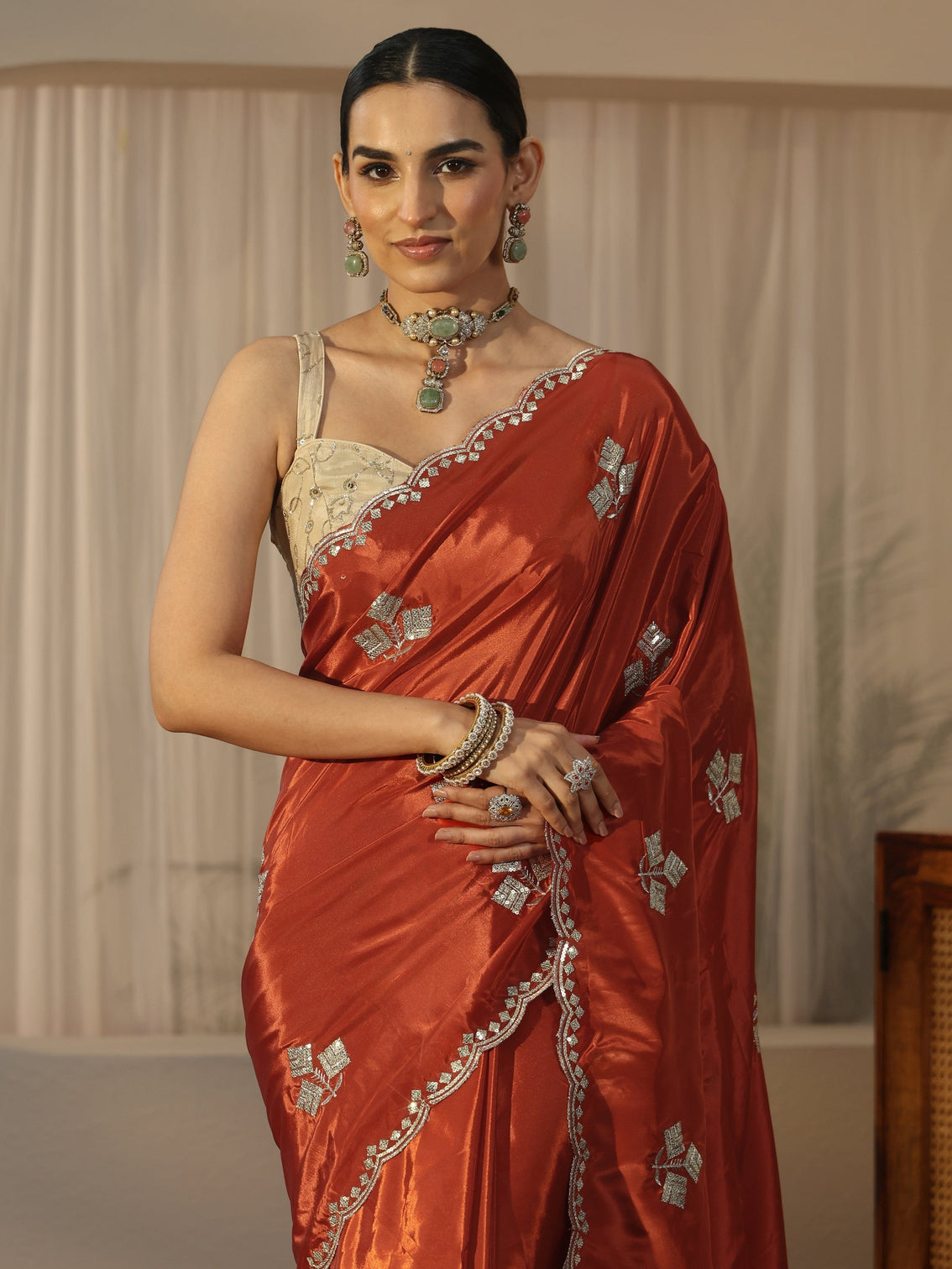 Mameraa Burnt Orange Floral Embellished Satin Saree