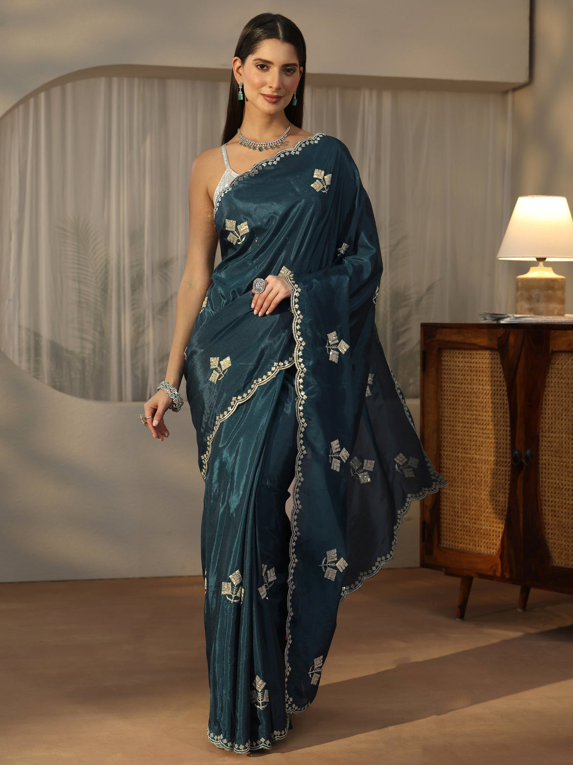 Mameraa Teal Blue Floral Embellished Satin Saree
