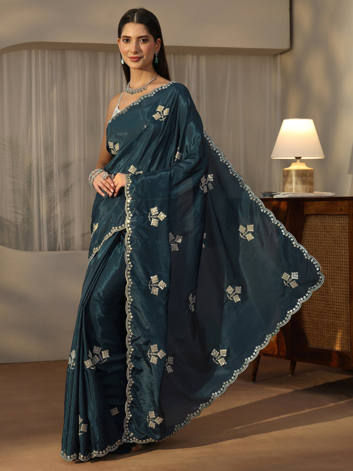 Mameraa Teal Blue Floral Embellished Satin Saree