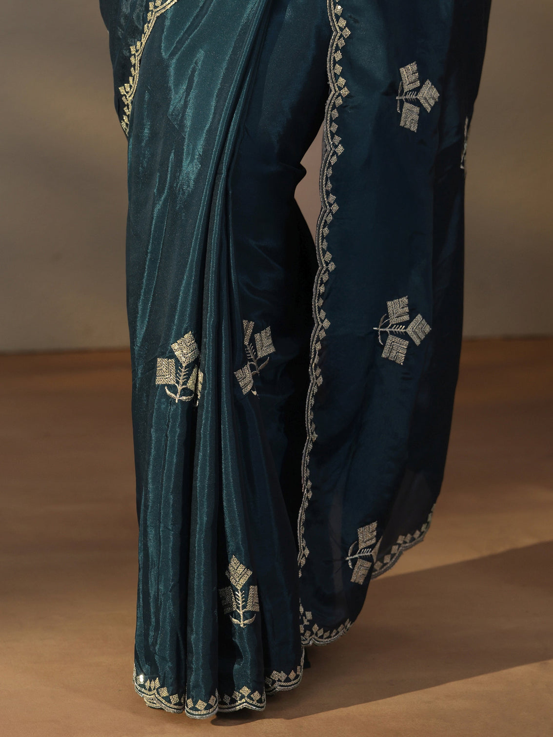 Mameraa Teal Blue Floral Embellished Satin Saree