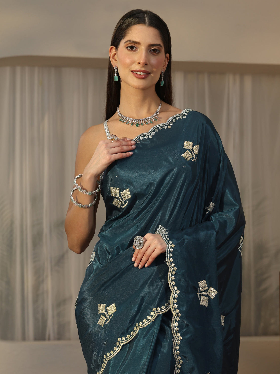 Mameraa Teal Blue Floral Embellished Satin Saree