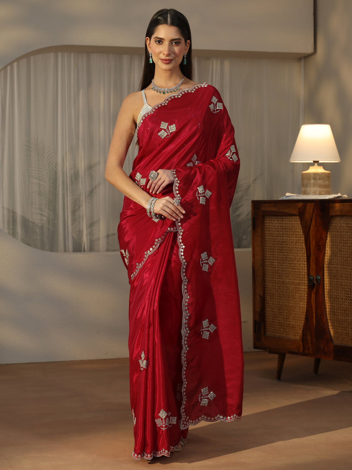Mameraa Crimson Red Floral Embellished Satin Saree